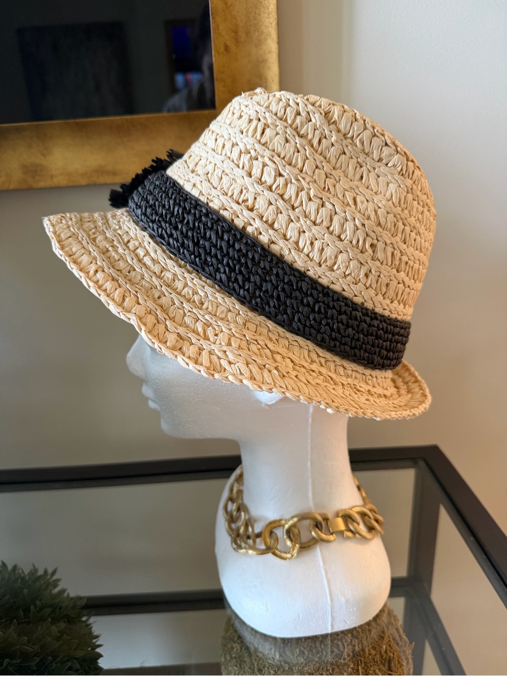 Kate Spade Beige Straw Fedora with Black Raffia Bow - Picture 3 of 6